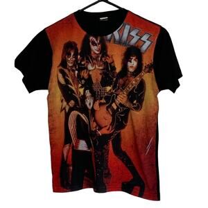 VINTAGE 80S 90S ALL OVER PRINT AOP KISS COTTON BAND TEE RARE MENS XS YOUTH L/XL